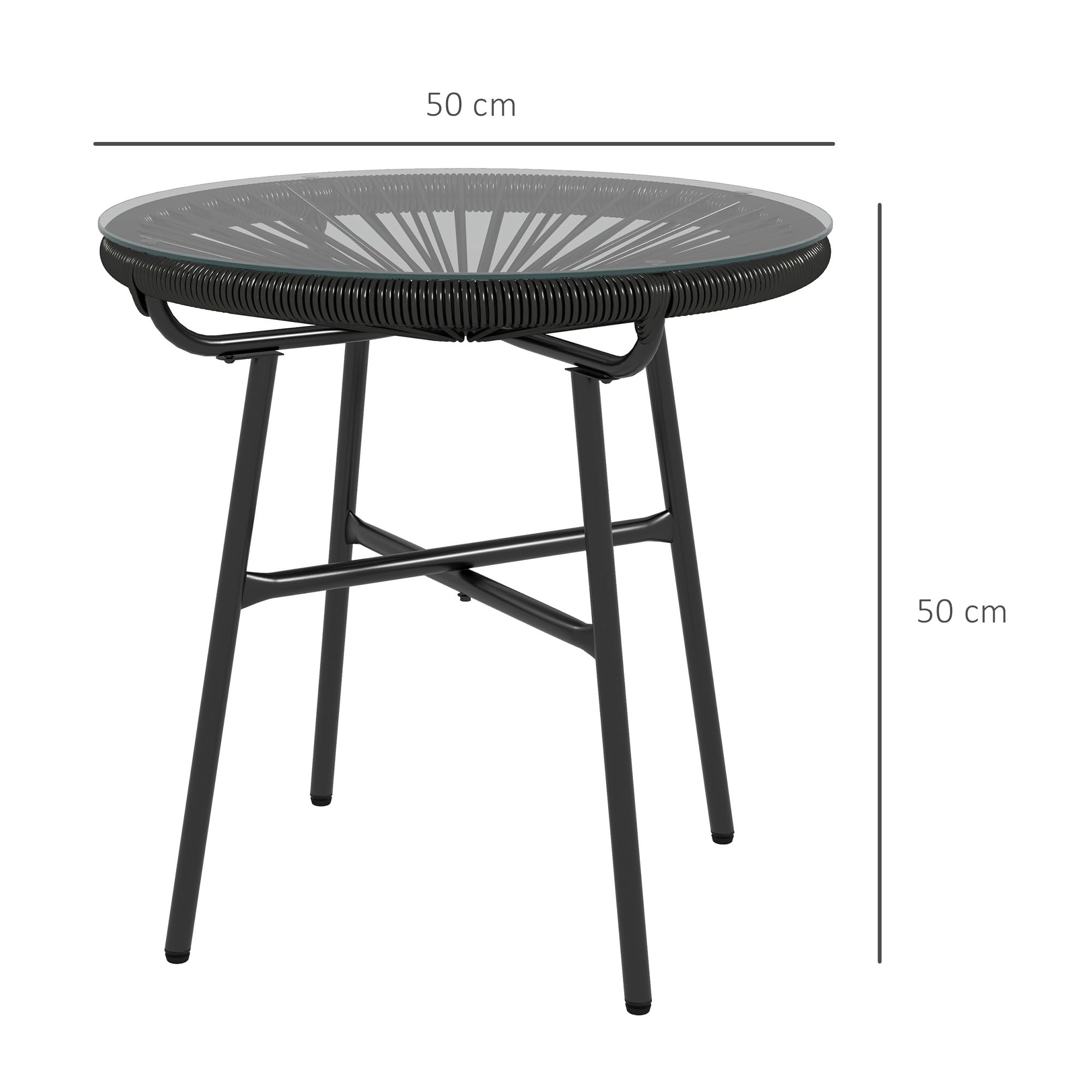 Outsunny Ratten Beistelltisch, Bistrotisch, Kaffeetisch mit Glastischplatte, Runder Gartentisch, für Terrasse, Balkon, Schwarz, 50 x 50 x 50 cm
