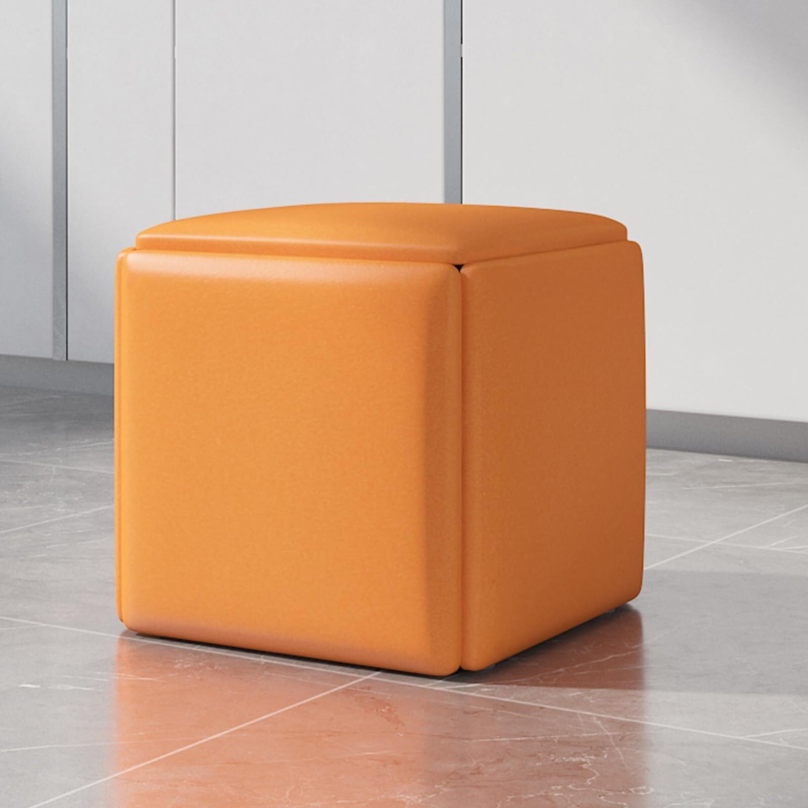 Taburete cubo 5 en 1 con ruedas para salon reposapies apilable de cuero PU 35x35 cm