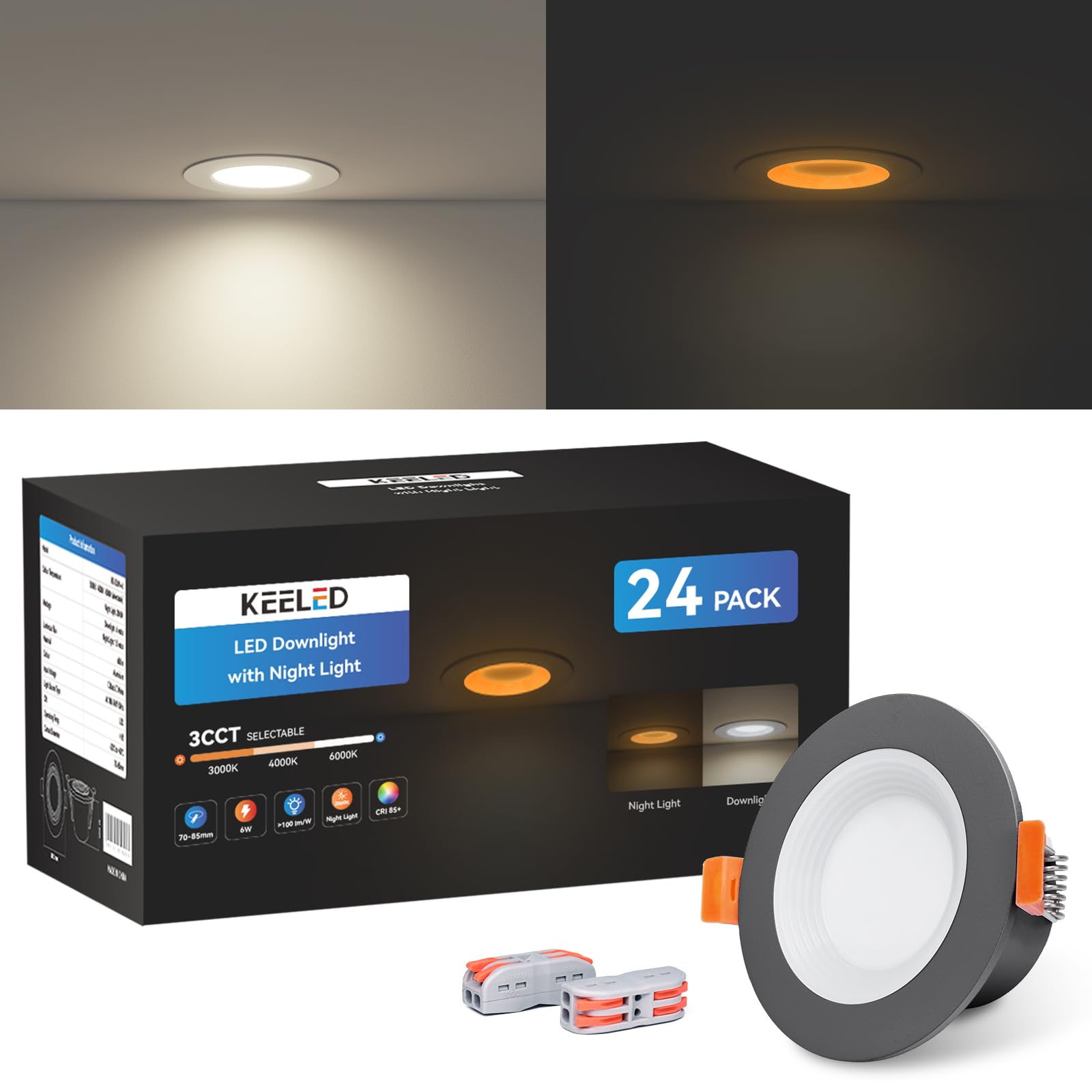 KEELED Black Downlight for Ceiling, Recessed Lighting with Night Light, 230V, 6W, 3CCT 3000K/4000K/6000K Selectable, 70-85mm Cutout, 24-Pack