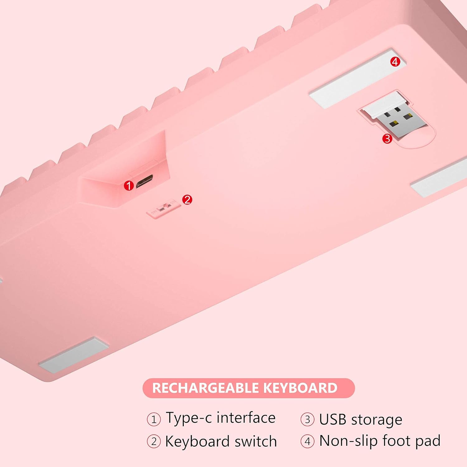 Behean view of MageGee TS92 keyboard showing the USB receiver storage compartment, power switch, and Type-C interface
