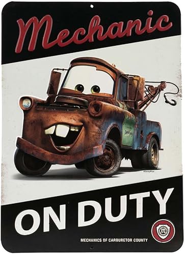 Disney Pixar Cars Tow Mater Mechanic On Duty - Letrero de metal en relieve, vintage para dormitorio o garaje