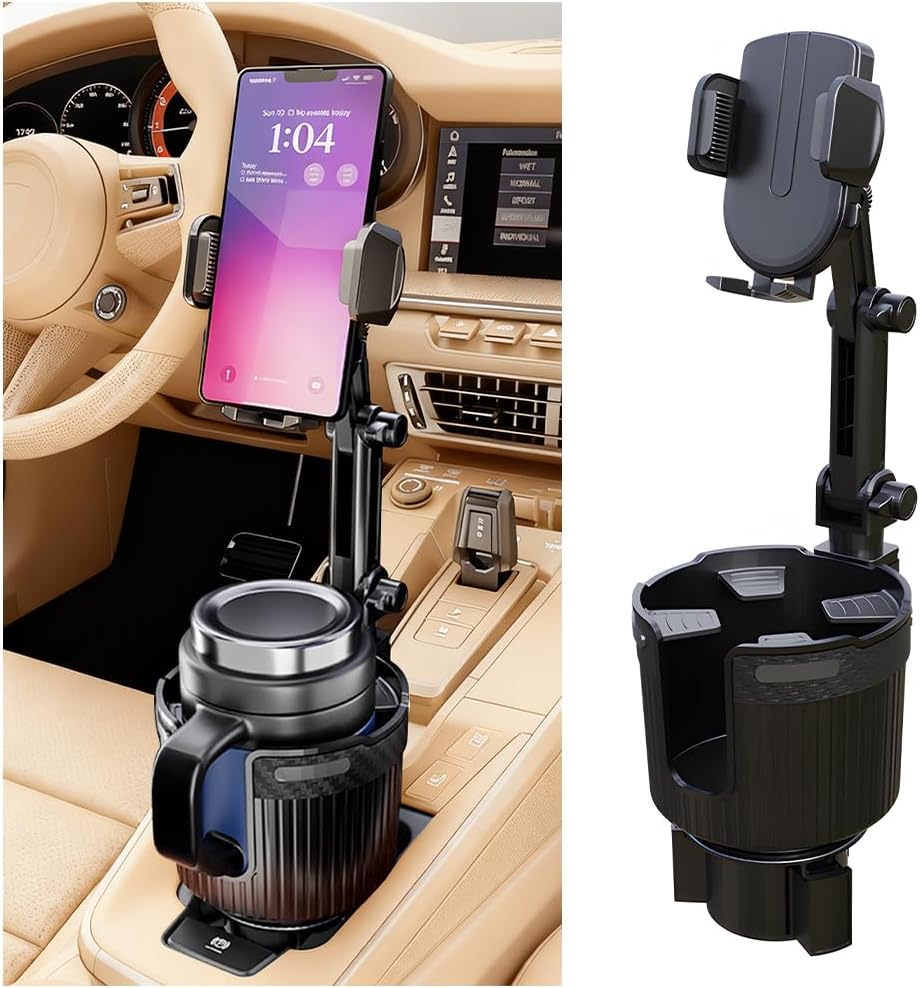 Soporte para teléfono para taza de coche, 2 en 1, rotación de 360°, brazo largo, soporte para teléfono celular, expansor con base ajustable, soporte para teléfonos inteligentes para botellas de bebidas automotrices, ajuste universal (negro)
