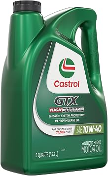 Castrol GTX High Mileage 10W-40 Synthetic Blend Motor Oil, 5 Quarts