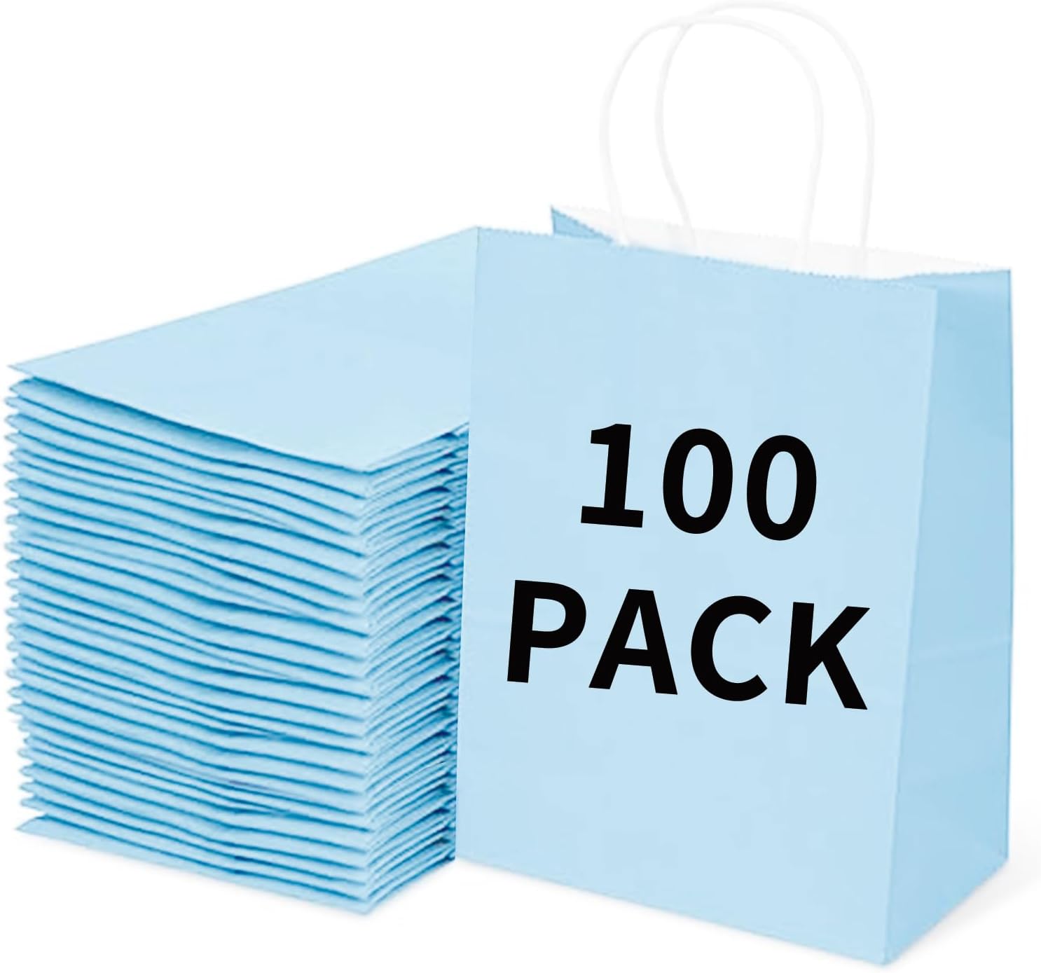 BAG BOX 100 Pack Medium 8.25x4.3x10.6 Inch Blue Kraft Paper Gift Bags with Handles for Bulk Shopping, Retail, Craft, Party Favors, Wedding, Grocery & Sacks Blue 8.25 * 4.3 * 10.6 inch?Pack of 100?