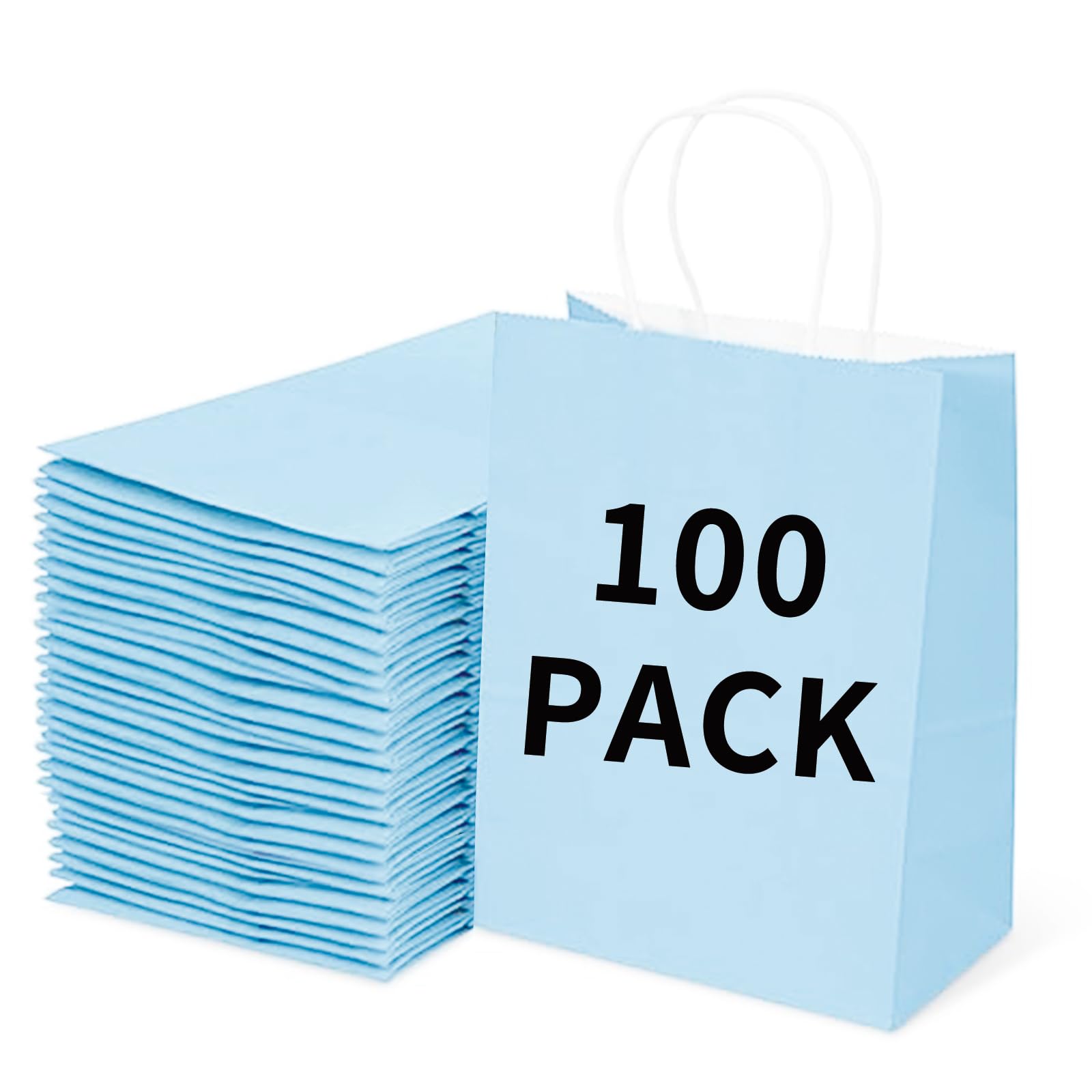 BAG BOX 100 Pack Medium 8.25x4.3x10.6 Inch Blue Kraft Paper Gift Bags with Handles for Bulk Shopping, Retail, Craft, Party Favors, Wedding, Grocery &