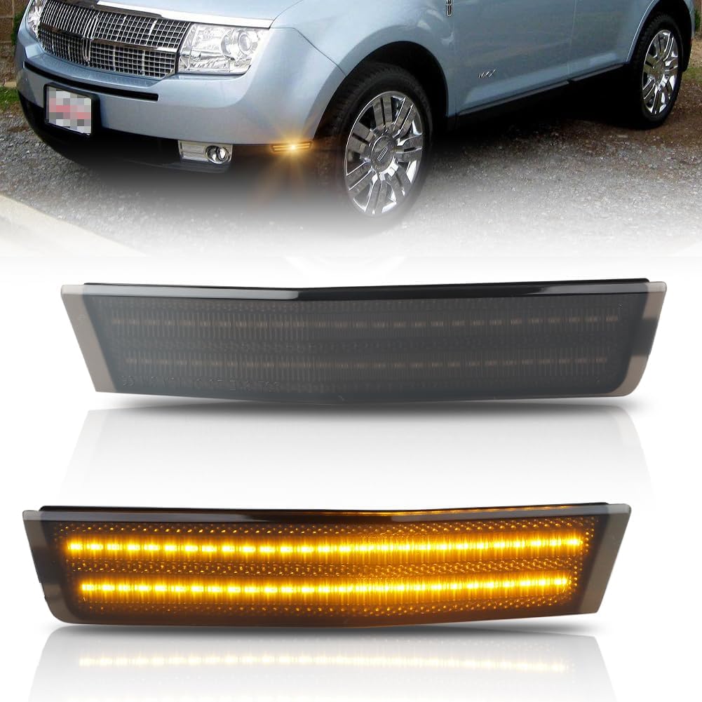 Front Fender Side Marker Lights [2 Light Beads 54 SMD Chips Super Bright] for 2007-2010 Lincoln MKX, Smoked Lens Side Bumper Marker Lamps Amber LED Side Markers Turn Signal Lights, 2 PCS
