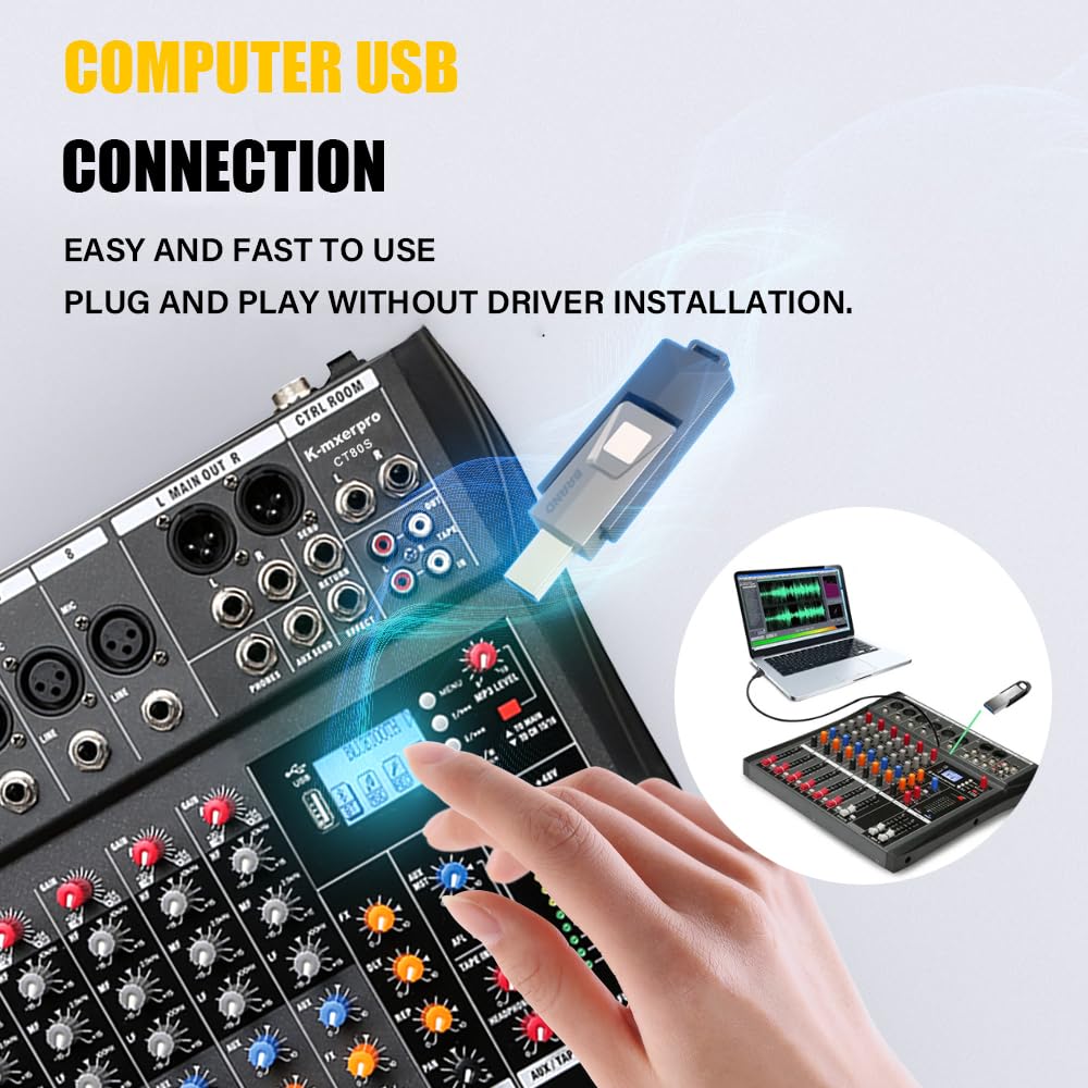 8 Channel Professional Audio Mixer Console Sound Board with 48V Phantom Power,USB Audio Interface for Live Show,Streaming Recording Music Stage Karaoke