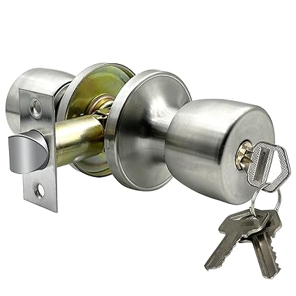 JO.KO Door Knob with Lock and Keyed, Satin Nickel Round Ball Lock Interior/Exterior Door Knob for Bedroom Or Bathroom