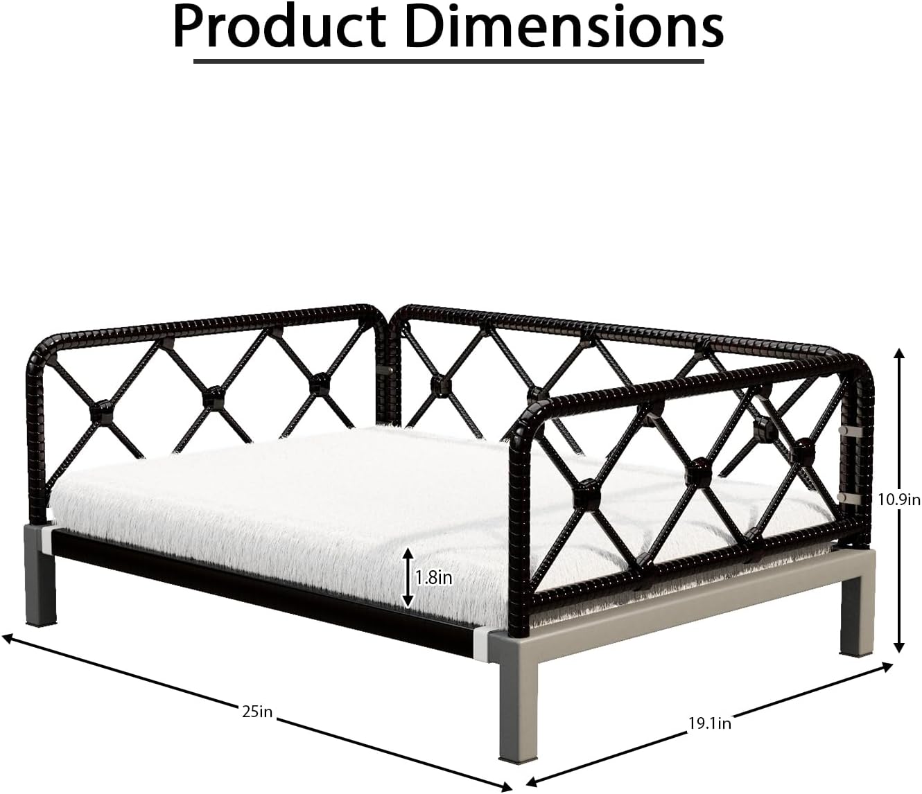 Elevated Indoor & Outdoor Dog Bed for Small Dogs, Durable Rattan Wicker Pet Sofa with Removable Washable Waterproof Cushion, Stylish Dog Couch, Black Rattan/White Mat