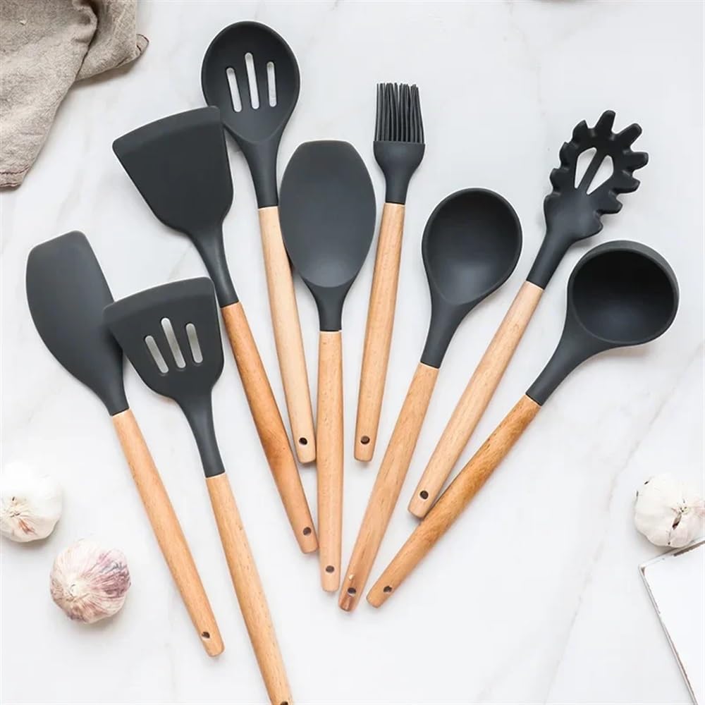 Set di utensili da cucina antiaderenti in silicone, 12 pezzi, spatola, pala, frusta per uova, manico in legno, set di utensili da cucina (nero, 12 pezzi)