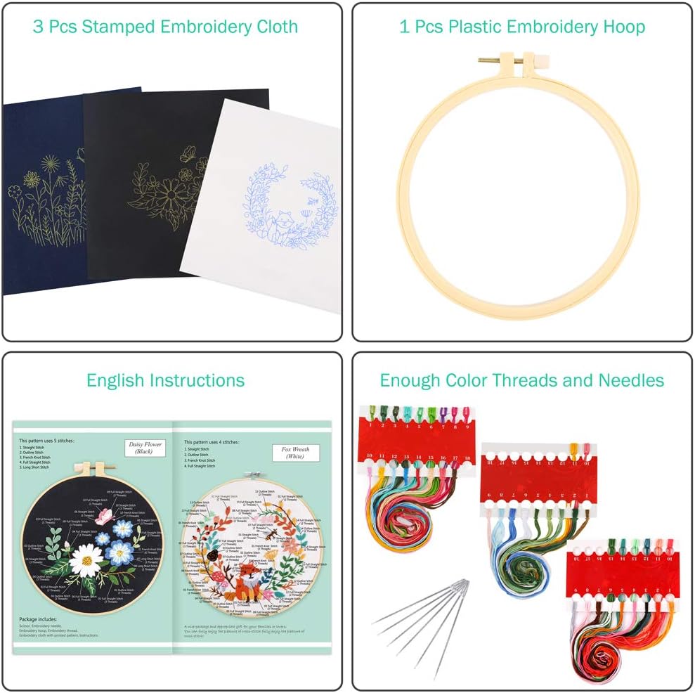 Caydo 3 Sets Embroidery Starter Kit with Pattern and Instructions, Cross Stitch Kit Include 3 Embroidery Clothes with Floral Pattern, 1 Plastic Embroidery Hoop, Color Threads and Tools