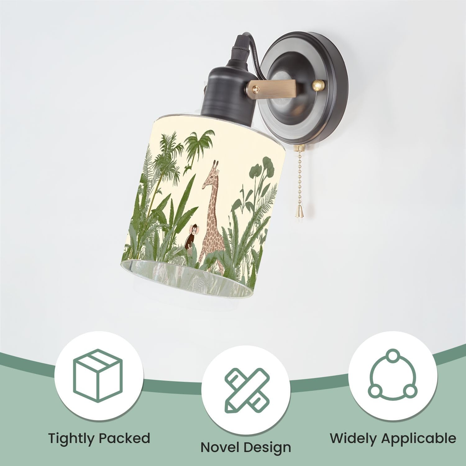 3 Pack Cylinder Glass Lamp Shade Jungle animal tropical vegetation giraffes elephant monkeys hidden Covers with 1-5/8" Fitter Opening Light Fixture Replacement for Table Lamp Bathroom Vanity Light