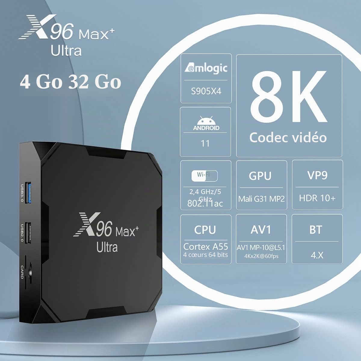 TV Box Upgraded Android 11.0 TV Box 4 Go RAM 32 Go ROM 2,4 G/5G Dual WiFi BT 4.1 H.265 décodage HD 4K Kit Top Box