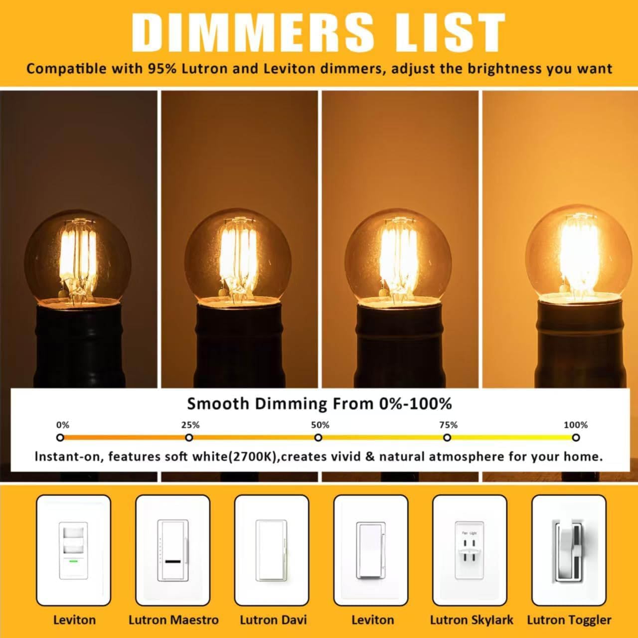 Dimmable G40 LED Bulbs 3W (25W Equivalent), E26 Base Amber Glass Globe Light Bulbs 2700K Warm Glow, Vintage Decorative Low Wattage Filament Bulbs for Bedroom, Living Room, or Study, 110V, 6Pack