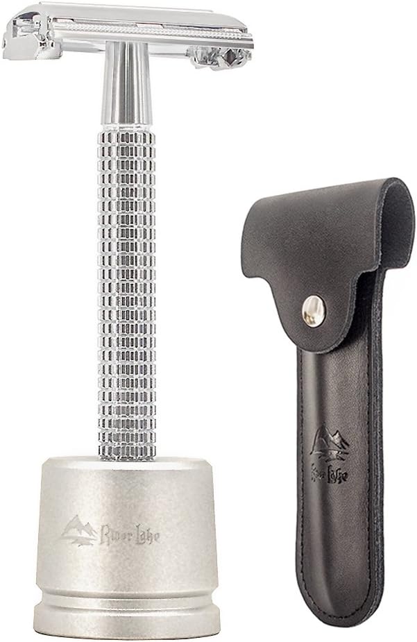 Safety Razor/Shaver/Shaving Tool/Butterfly Men's Razor Kit, Chrome Long Handle Butterfly Open Double Edge Safety Razor Men's Shaver (1 Razor Excluding blades, 1 Stand and 1pc Genuine Leather Case)