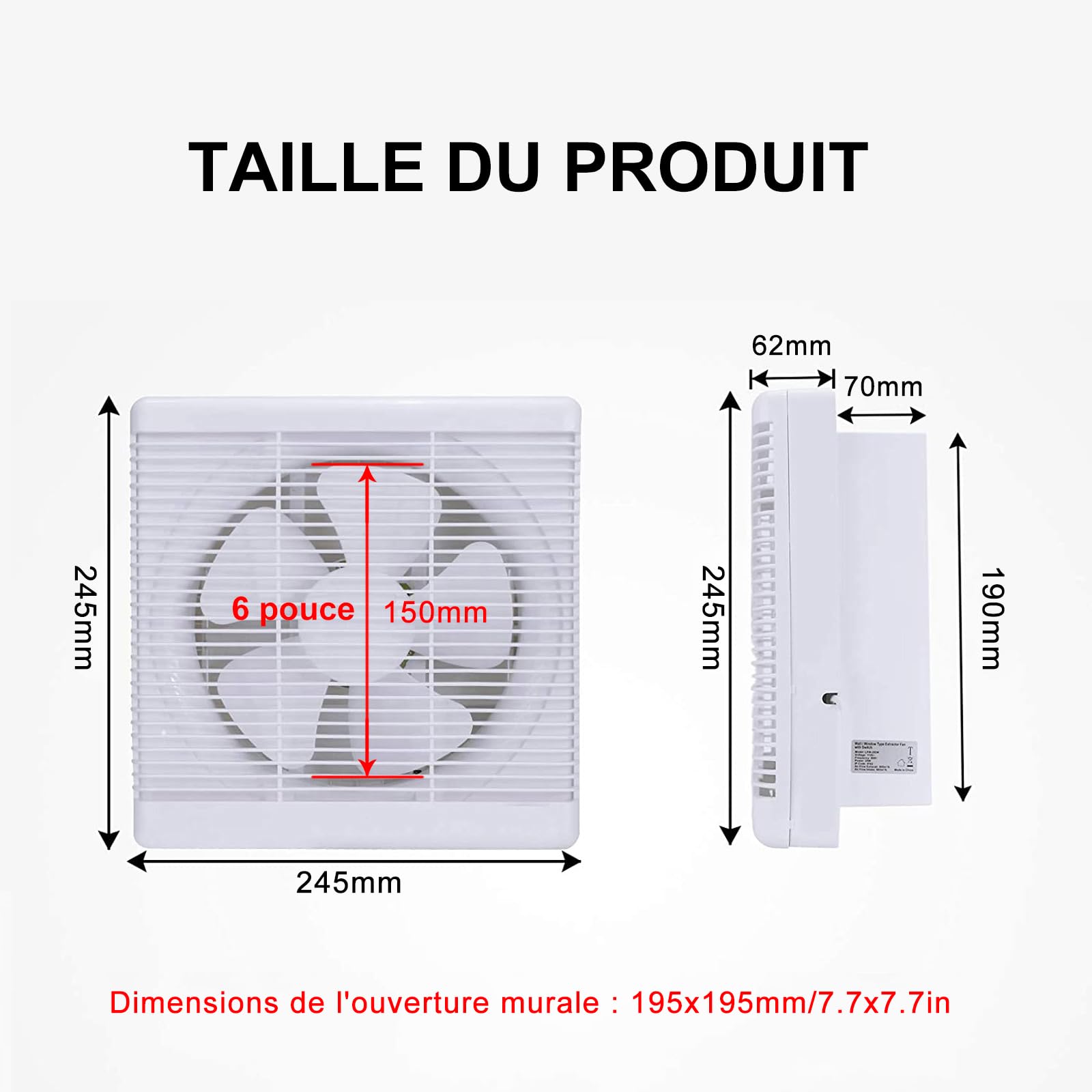 HUGOOME Taille ouverte 200*200mm Extracteur d'air, Ventilateur d'extraction 300m³/h 25W, Ventilateur mural réversible dans Deux Sens, pour salle de bain Cuisine grenier fenêtre Garage (Pas de prise)