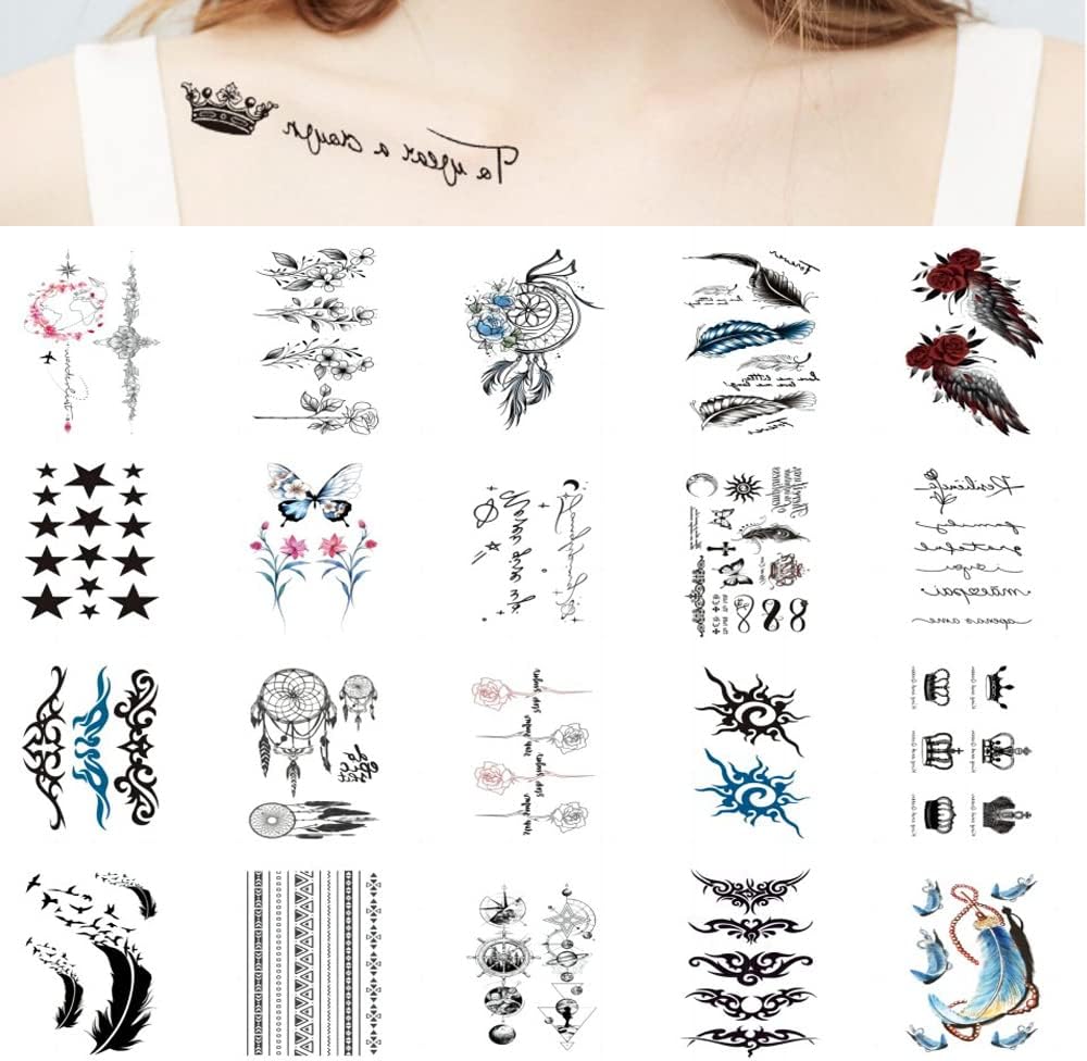 Temporary Tattoo Stickers for Women,Fake Tattoos Waterproof Body Art Arm Sketch Tattoo Stickers dream catcher peacock feather Words flower 3D Realistic Tatoo Stickers for Women and men (20 Sheets)