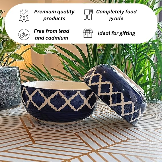 Image of Niyara Ceramic Printed Bowl Set of 2 | Premium Serving Bowls for Snacks, Soup & Desserts | Microwave & Dishwasher Safe (Blue Delta Bowl)