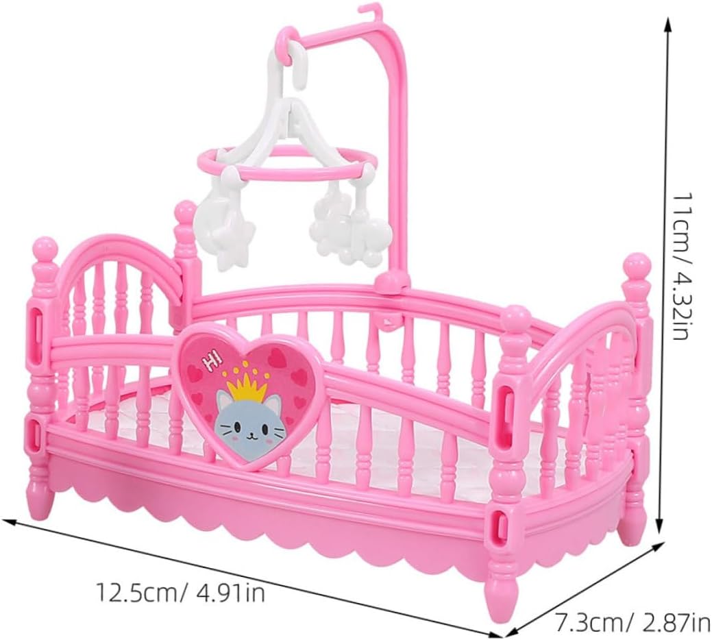 4 Pcs Miniature Dollhouse Bed Set, Cartoon Plastic Doll Crib with Mobile, Small Bedroom Furniture for Pretend Play, Tiny Nursery Accessories for Girls and Boys, 2 White & 2 Pink