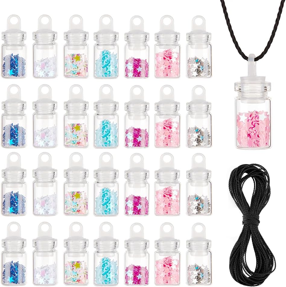 NBEADS 28 Pcs 7 Colors Wishing Mini Glass Bottle Pendant Necklace, Refillable Bottles Wish Bottles Glass Bottle with Star Glitter Sequins/Paillette Inside and Waxed Polyester Cord for Wedding Party