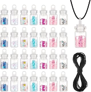 NBEADS 28 Pcs 7 Colors Wishing Mini Glass Bottle Pendant Necklace, Refillable Bottles Wish Bottles Glass Bottle with Star Glitter Sequins/Paillette Inside and Waxed Polyester Cord for Wedding Party