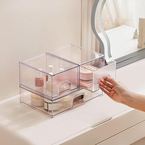 Miniatura 2 de Cajones de almacenamiento de escritorio apilables transparentes, paquete de 3 organizadores de maquillaje de acrílico para baño, fácil de ensamblar,