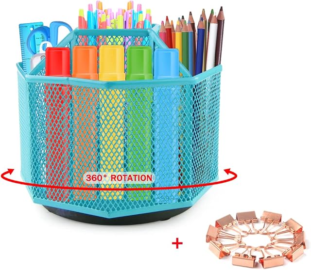 Rotating Pencil Holder - Pen Holder for Desk - 360 Degree Rotating Pen Caddy Holders Desk Organizer with 5 Compartments - Mesh Desktop Stationary Organizer with 10 Clips (Blue - 5 Compartments)