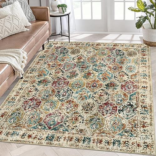Lahome 8x10 Area Rugs for Bedroom Aesthetic, Washable Large Rugs for Living Room, Non Slip Colorful Dining Room Rugs for Under Table, Moroccan Accent Carpet for Office Hardwood Floor, Multi