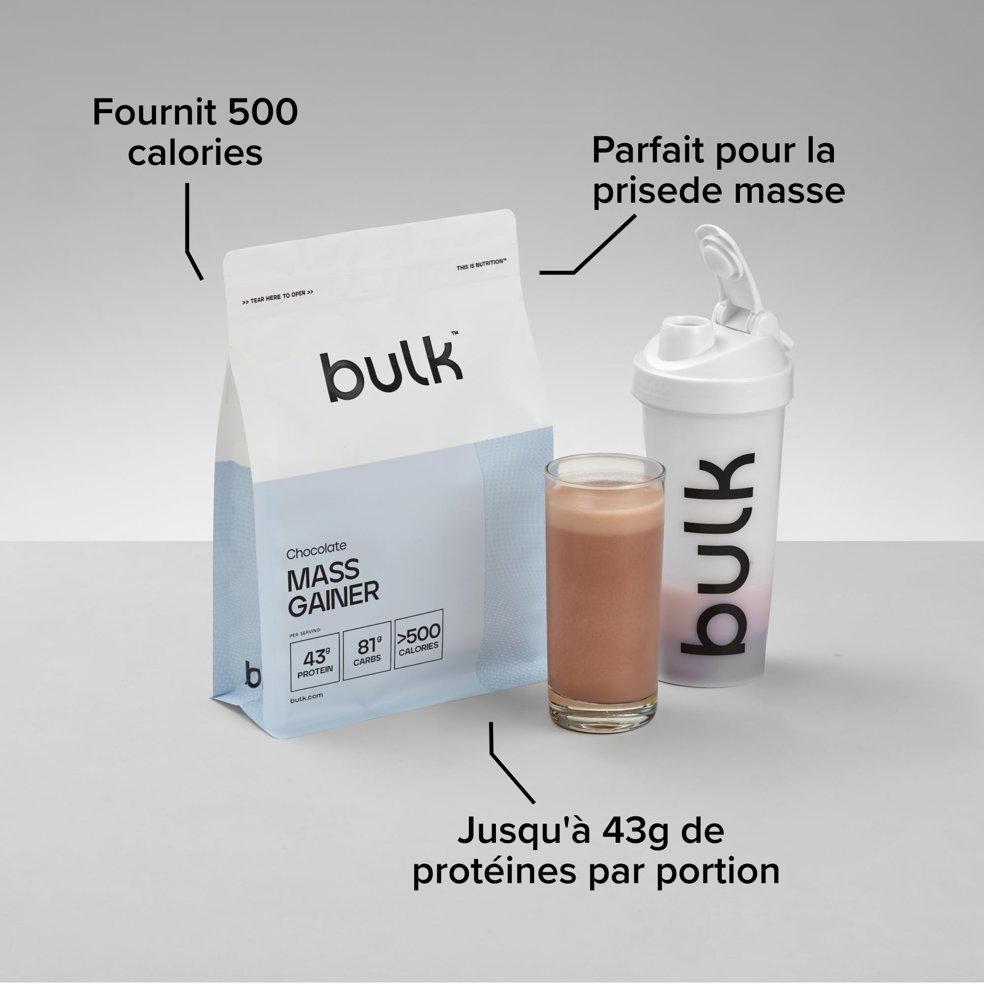 Bulk Gainer Complet Chocolat 2.5kg 43g protéines 81g glucides 500 kcal hypercalorique croissance musculaire