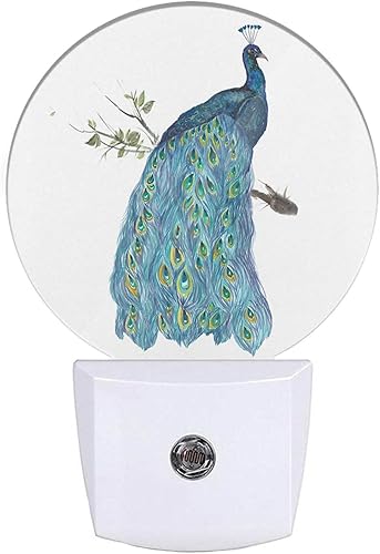 EKOBLA Luz nocturna de pavo real en rama de árbol, acuarela, plumas de pavo real, verde azulado, turquesa, lámpara de noche con sensor automático,