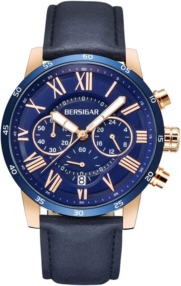 BERSIGAR Waterproof Chronograph Watches Business Casual Roman Numerals Leather Band Wrist Watch for Men (Blue)