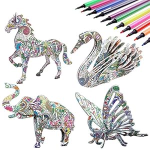 KAZOKU 3D Coloring Puzzle Set,4 Animals Puzzles with 12 Pen Markers, Art Coloring Painting 3D Puzzle for Kids Age 7 8 9 10 11 12. Fun Creative DIY Toys Gift for Girls and Boy