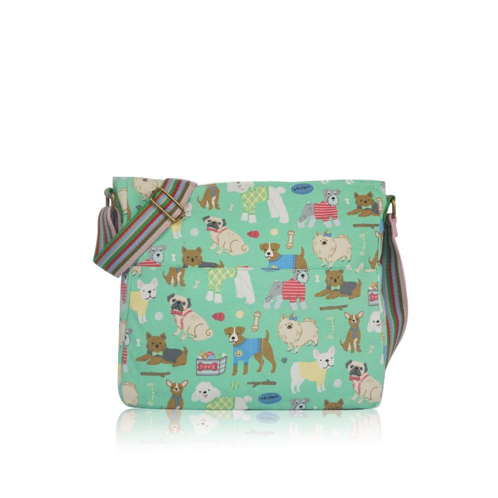 Girls/Womens Mixed Dogs Canvas Cross Body Messenger Shoulder Bag (Green)