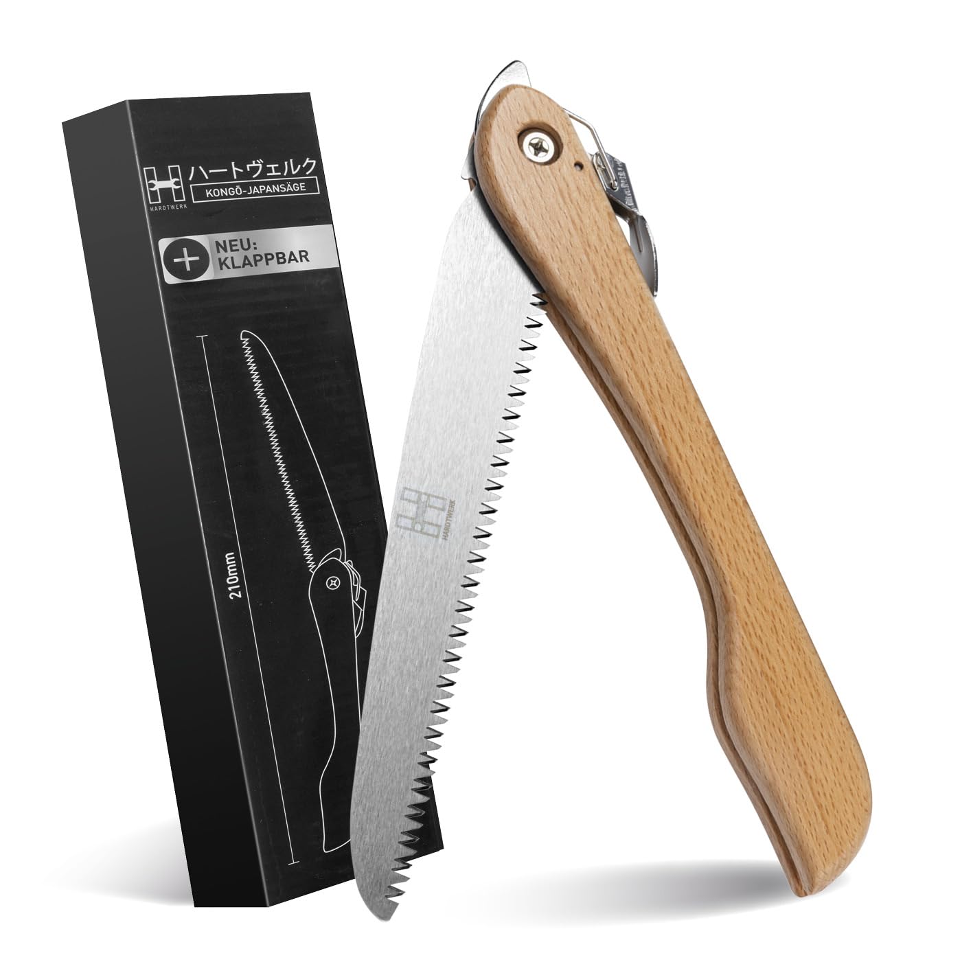 HARDTWERK Scie pliante Alpha avec manche en bambou (210 mm) pour jardin, extérieur, Bushcraft avec mousqueton en S, scie à main en acier au carbone SK5, scie à main pliante polyvalente, scie à main de