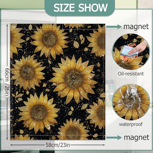 Image of Dishwasher Magnets Decorative Cover,Gold Sunflower Refrigerator Magnet Cover,Washable Modern Floral Dishwasher Front Panel Cover Home Kitchen Decoration 23x26 Inch