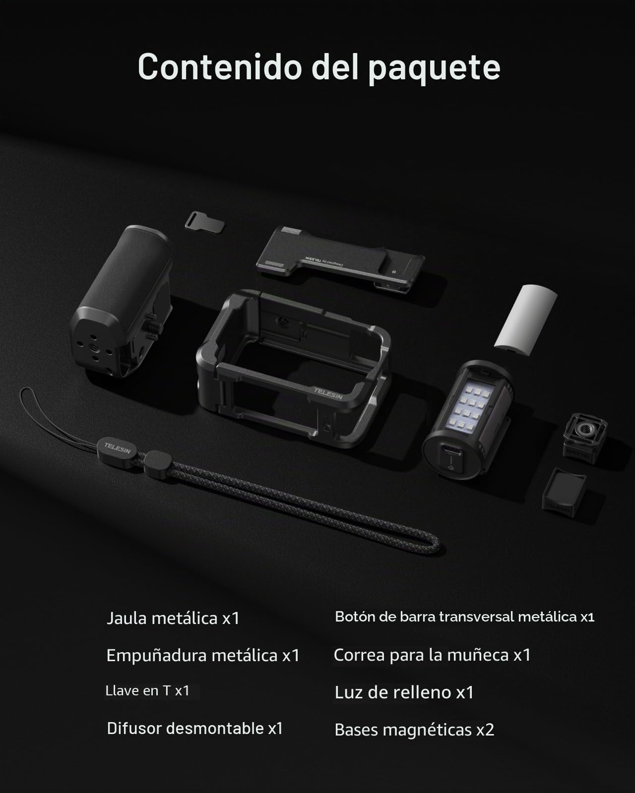 TELESIN Kit de empuñadura de aleación de Aluminio para dji Action 6 con Jaula Protectora metálica & luz de Video RGB magnética, luz LED portátil con difusor, CRI 95+, Soporte Cold Shoe, Accesorios