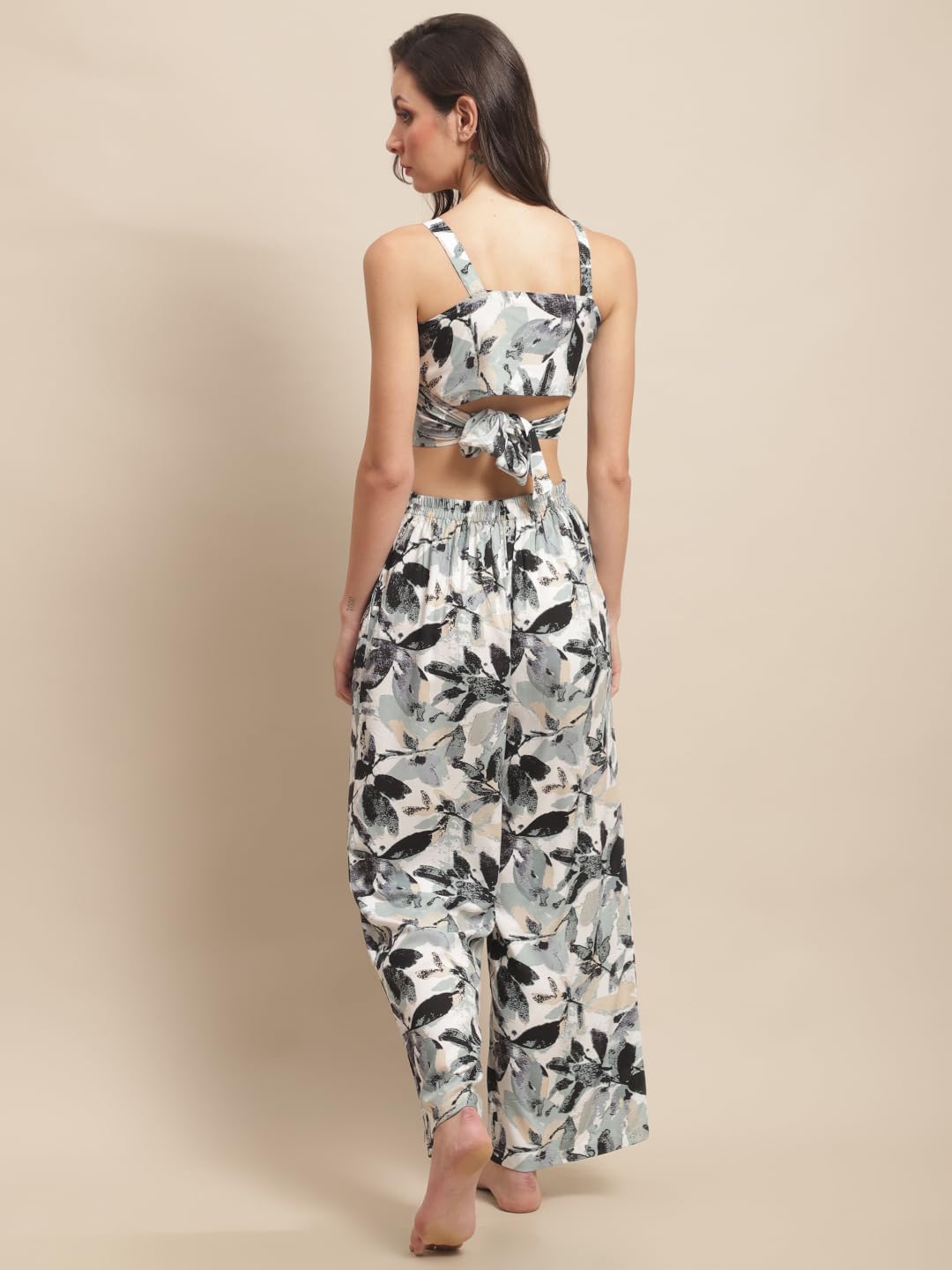 Claura Tropical Printed Top & Trouser Swimwear Set. (Small, Black) 1