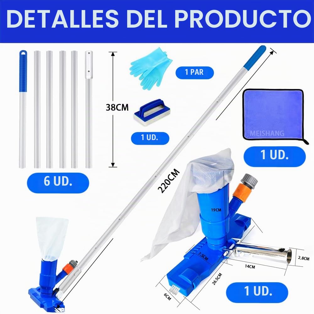 Limpiador Piscina Fondo,Aspirador Piscina,Kit Mantenimiento Piscina,Lncluye 6 Varillas Reforzadas-Conexión de hasta 2,1 M de Longitud-para Piscinas, Fuente, Hidromasaje