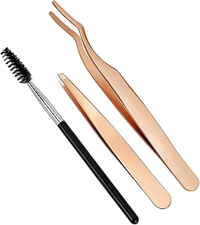 3 Pcs DIY Eyelash Applicator Tool Stainless Steel Cluster Lash Tweezers Eyelash Tweezers Application and Removal False Eyelash Applicator with Eyelash Brushes Strong Grip Lash Tools Rose Gold