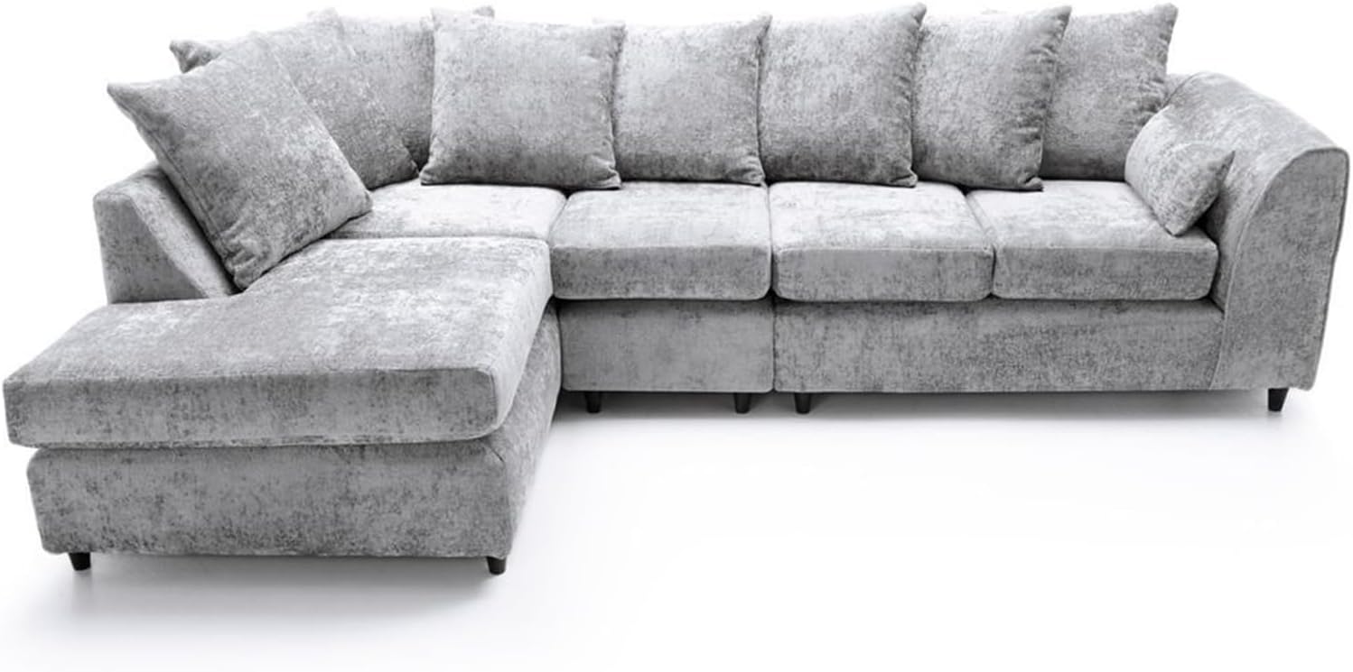 Alaska Grey 5 Seater L Shaped Corner Sofa | Fabric Chaise Lounge Couch | Modular Cloud Sectional Suite | Scatter Back Cushions | Left or Right Hand | Dark Grey Living Room Sofa (Light Grey, LH Corner)