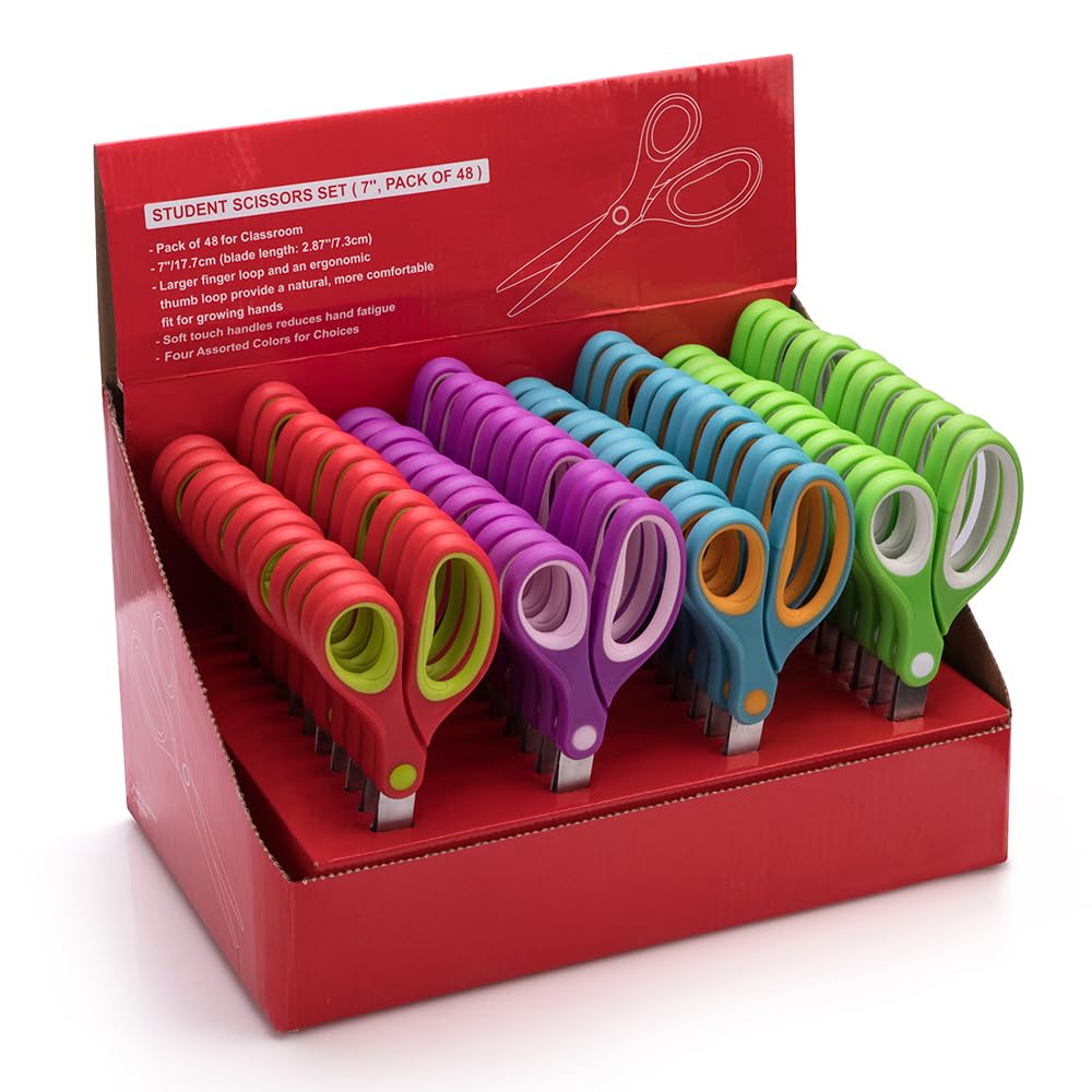 Forbici per studenti (48 paia di forbici per insegnanti, punta arrotondata, 17,7 cm), morbide al tatto, forbici smussate per bambini e studenti PD-009-UK-R48 (confezione da 48)