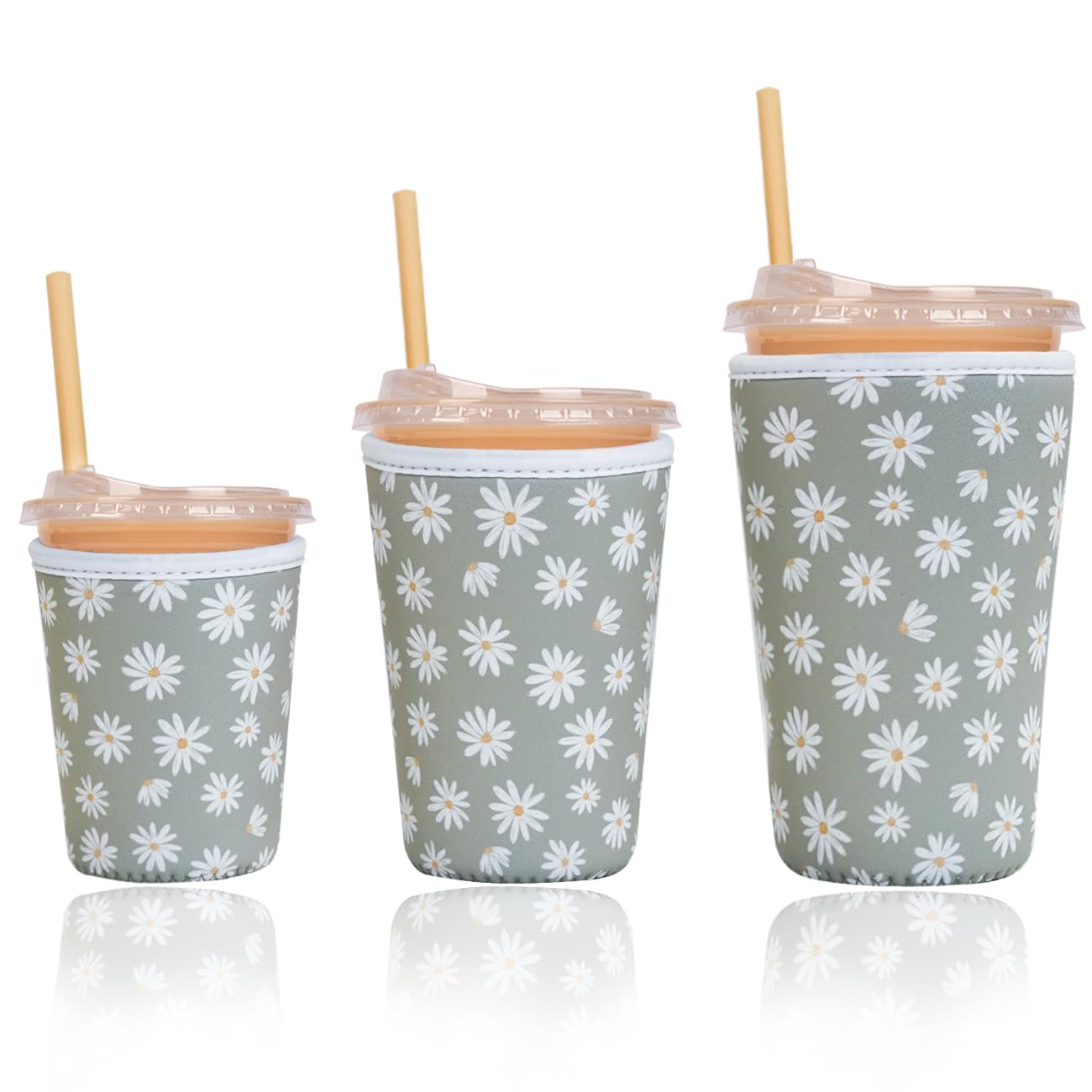 Reusable Insulated Sleeve for Iced Coffee Cup, 3-Pack Coffee Neoprene Drink Sleeve for Cold &amp; Hot Drinks, Beverage Holder for Iced Coffee (Sage Daisies)