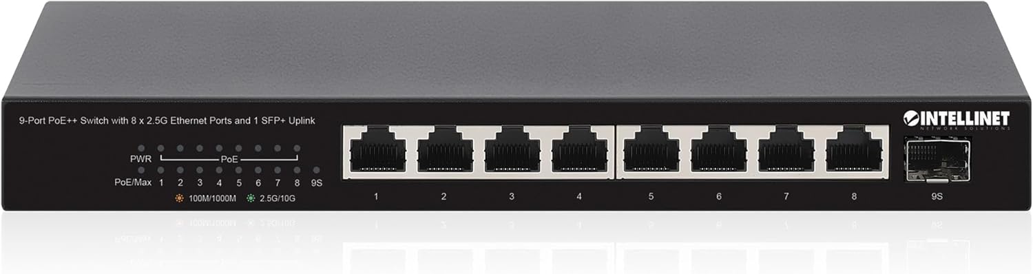 Intellinet 9-Port PoE++ Switch - 8 x 2.5G Ethernet & 10G SFP+ Uplink, 60W per Port, Ideal for Wi-Fi 6, VoIP, IP Cameras - Silent, Fanless, Compact Design - 562140