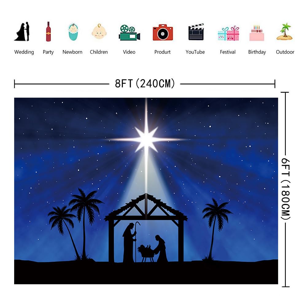 INRUI Presepe di Natale Stella di Betlemme Gesù Nascita Fotografia Sfondo Blu Cielo Stellato Stella di Betlemme Chiesa Religiosa Decorazioni Festa di Natale (2,4 x 1,8 m)