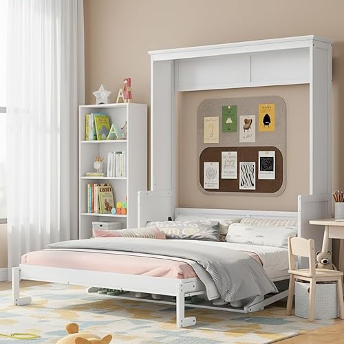 Ball & Cast Murphy Bed Queen Size Bed Frame with a Shelf,Wooden Space-Saving Wall Cabinet Beds,w/Slat Support,for Bedroom,Student Dorms,Guest Rooms,Studio,Office,White