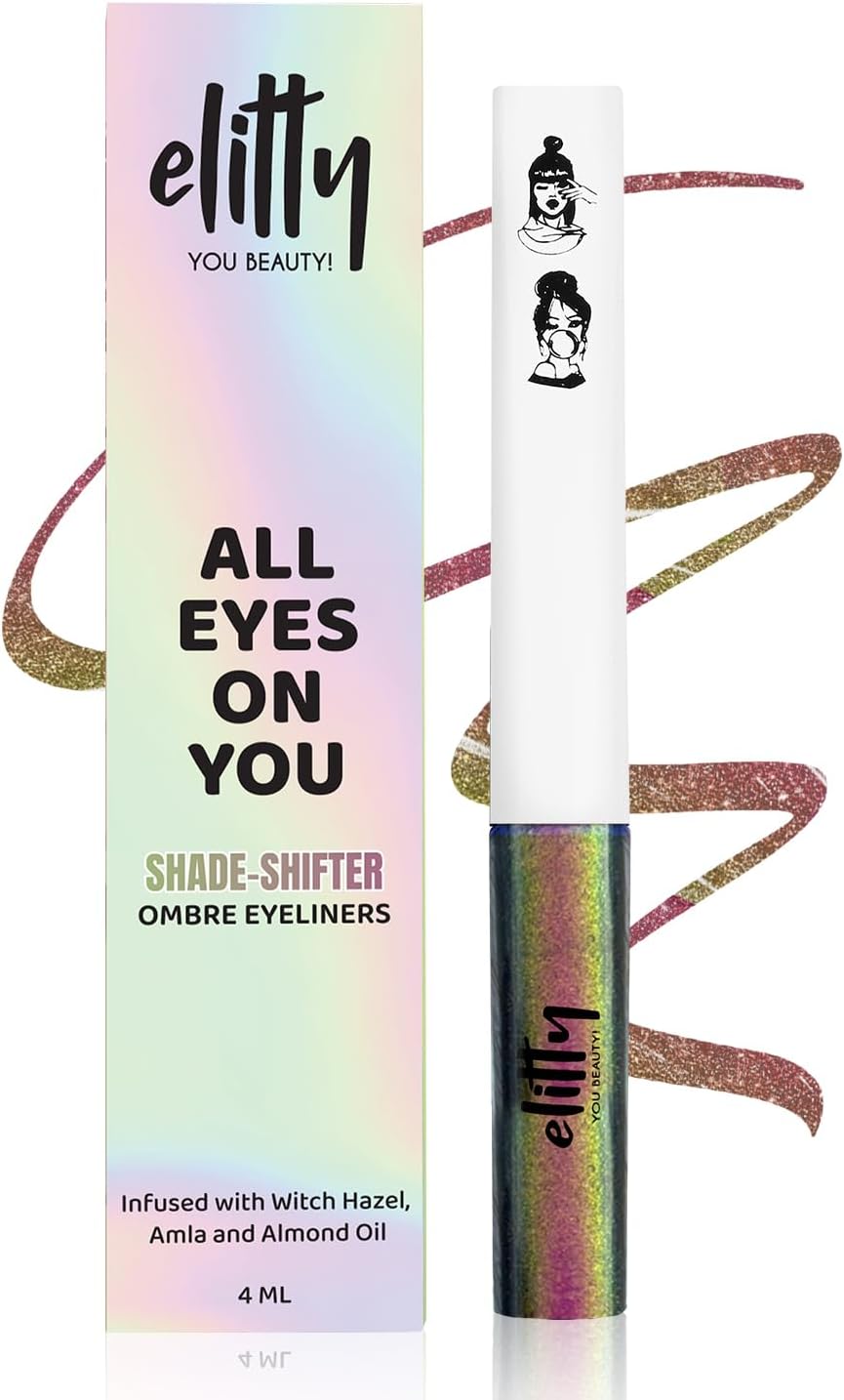 Elitty Holographic Eyeliner 4g - Celestial With Ombre Shimmery Finish | Long Lasting, Waterproof, Smudge Proof Liquid Eyeliner | Quick Drying Formula With Monochrome Effect - Shade (Pink-Copper)