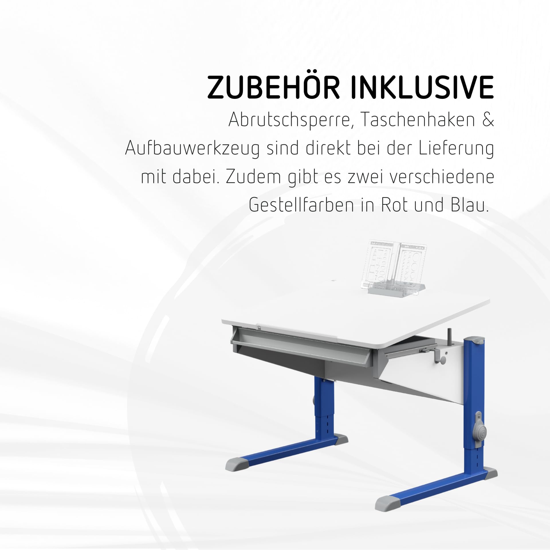 Moll Bandit Kinderschreibtisch höhenverstellbar | mitwachsend, ergonomisch & neigbar für aufrechtes Sitzen | ideal für Schulkinder | Schreibtisch weiß (Side Top & Schublade, Blau, 90cm x 70,5cm)