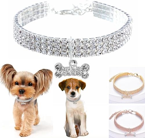 Collar para perros y gatos, lindo collar de cristal brillante de 3 filas de diamantes de imitación para mascotas, joya brillante ajustable para