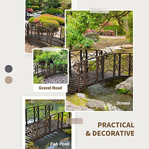 Outsunny 6\' Metal Arch Backyard Garden Bridge with 660 lbs. Weight Capacity, Safety Siderails, Vine Motifs, Easy Assembly for Backyard Creek, Stream, Pond, Brown - Thumbnail 6