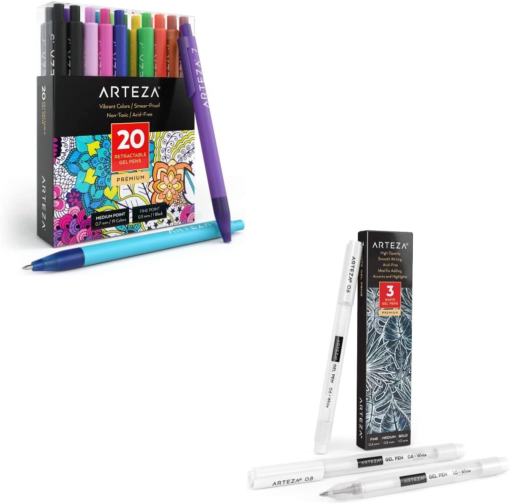 ARTEZA Retractable Gel Ink Pens, Set of 20 Assorted Colors, Fine Tip 0.7 mm White Gel Pens Set, Pack of 3, Art Supplies for Writing in a Notebook, Journal, Planner